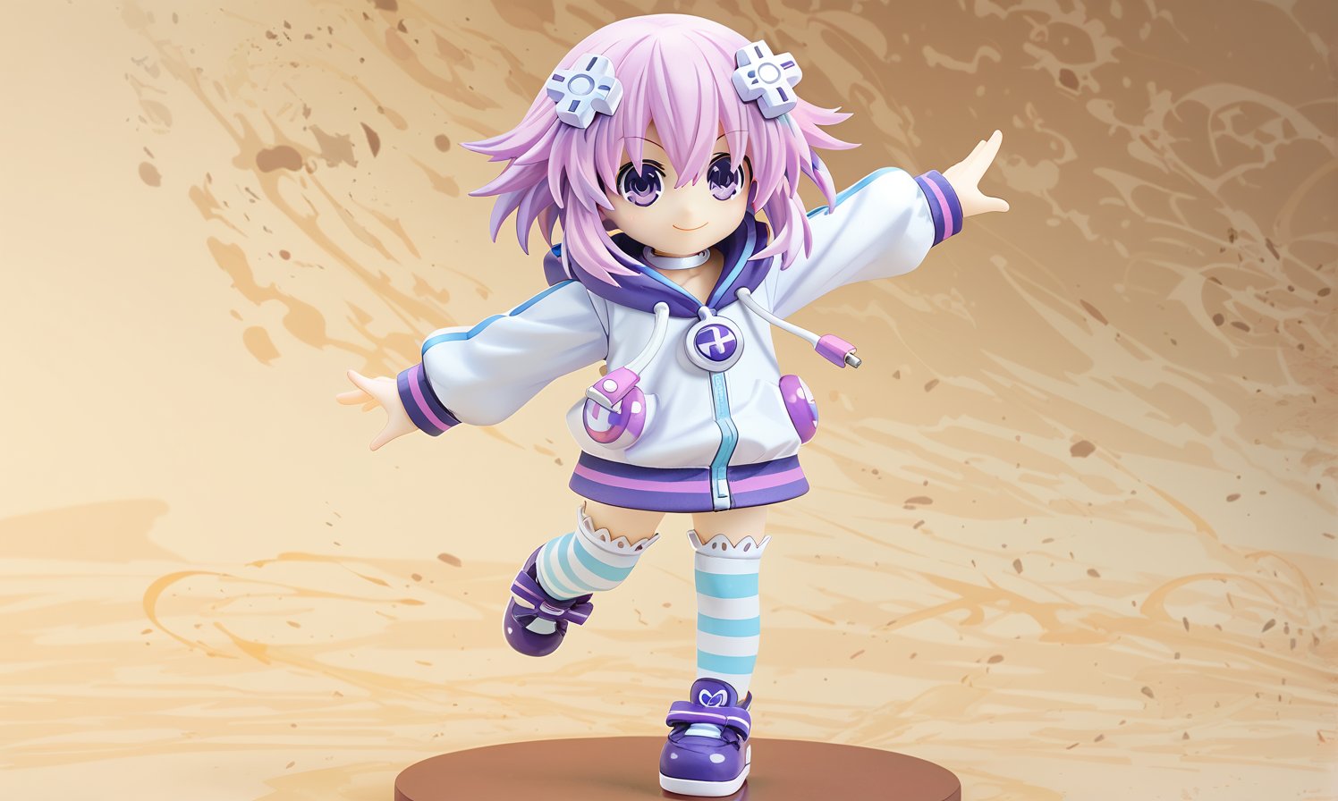 ore_9,score_9,score_8_up,score_7_up,ClrSkt,Neptune \(neptunia)\, purple eyes, purple hair, short hair, sidelocks, d-pad hair ornament, choker, shoes, white choker, hoodie, jacket, striped, striped legwear, thighhighs, (>3<),(>_<),((XD face)), ((>< Closed-Eyes Smile)), ((chibi character)), (chibi), spoken heart, solo, 1girl, action pose, punching,3D,