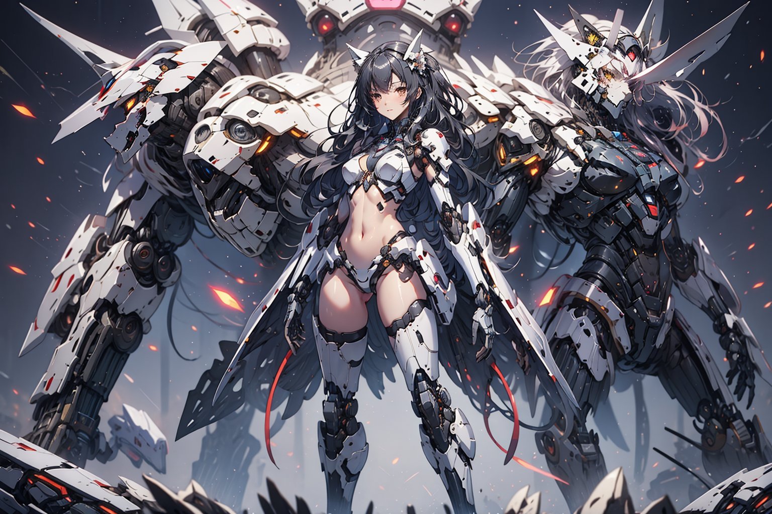 1girl,Wolf_girl,mecha_musume, bikini_armor, long_hair(black),black_hair, black_,mecha_girl_figure,Energy light particle mecha,robot_wolf,mecha,full_body, were-wolf 