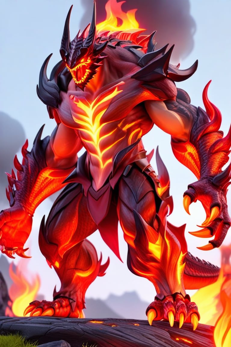 an evil man stands on a hill top. He uses the magic spell and turns into a powerful fire magic \(ek_ge1frt\) monster,ek_game_3ffect,red_scales,Large_claws,3D,PVC