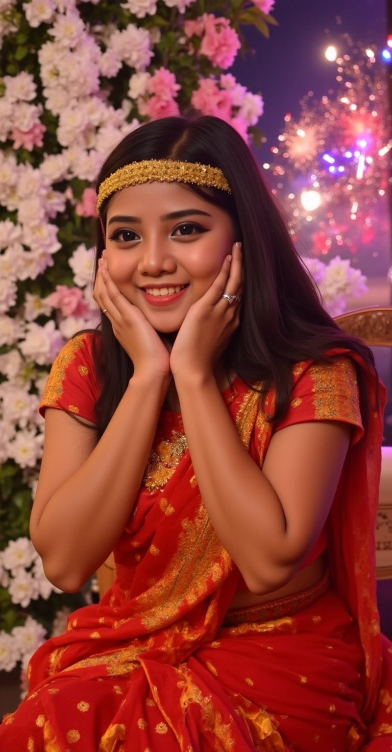 a beautiful Indian woman, dressed in a traditional red and gold saree, adorned with a gold headband. Her hair is long flowing black, adding a touch of beauty to her outfit. She is seated in front of a backdrop of white and pink flowers, her hair cascades down to her shoulders. The saree is adorned in a vibrant red and yellow pattern, with a matching gold embroidery in the center of her chest. Her bangs are adorned with silver rings, adding contrast to her attire. against a kaleidoscope backdrop of fireworks illuminating the night sky. Her bright smile radiates warmth, as she stands with hands cupped around her face, mesmerized by the twinkling lights and colorful explosions, VeLo