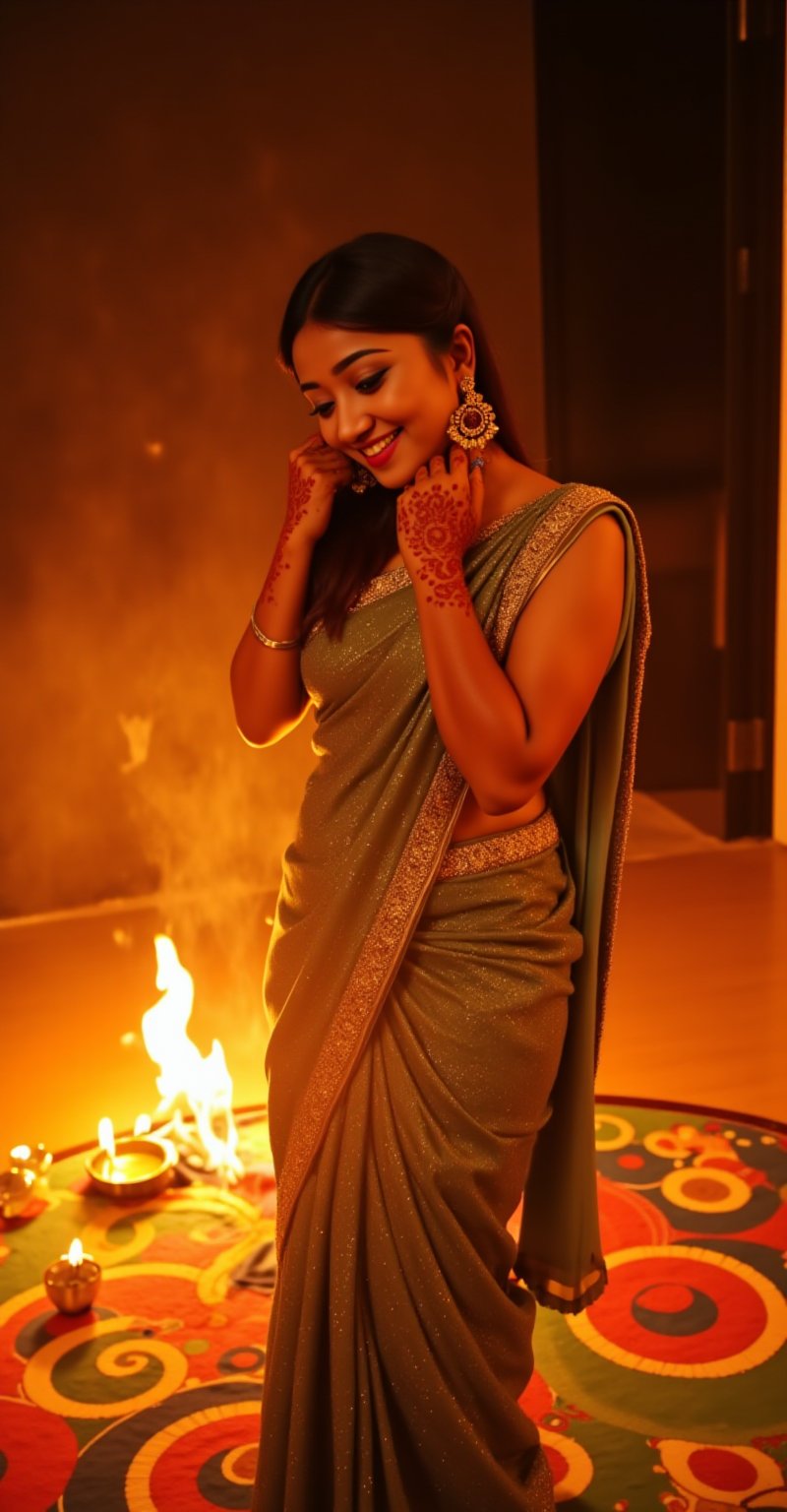 A young lady in a glittery saree, elegant and cool, with a melting expression, wearing accessories, braided hair, and shoes, standing in front of warm glow of an oil lamp on the night of Diwali. The shot is framed mid-length, with soft lighting highlighting her saree and accessories, Her bright smile radiates warmth, as she stands with hands cupped around her face,. She is surrounded by a vibrant, colorful rangoli design on the ground behind her, with small candles glowing all around, enhancing the festive atmosphere. Her hands are adorned with detailed mehendi (henna art), and she wears glittering gold jewelry, including large earrings that reflect the soft light. Her dark-toned skin glows with the interplay of light and shadow, creating a mystical, romantic ambiance, MGR