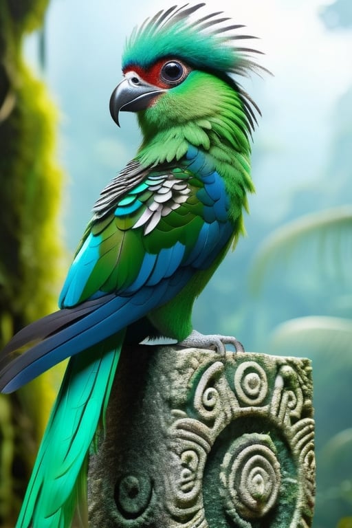 Quetzal bird, bright plumage, light green color, bright eyes, posing on a Mayan stele, cloud forest background.
