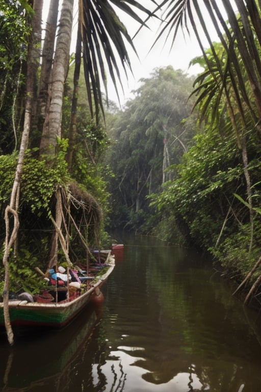 high definition, tropical jungle, palm trees, background of Mayan ruins covered in vegetation, a river of crystal clear water crossing the jungle, a fishing boat in the river