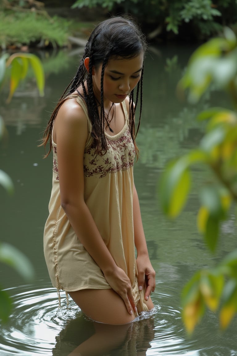 photorealistic shot of a side view of a young woman with long black hair in a wet short nightgown of light sandy color with a pattern of small maroon flowers bends knee-deep in the lake, wringing the lower part of her nightgown from the water with two hands. Skinny. The woman's head is facing the viewer. Lake water and rowan leaves are visible in the background, with several leaves in the foreground. Yellowish color correction. wet clothes, WeeM