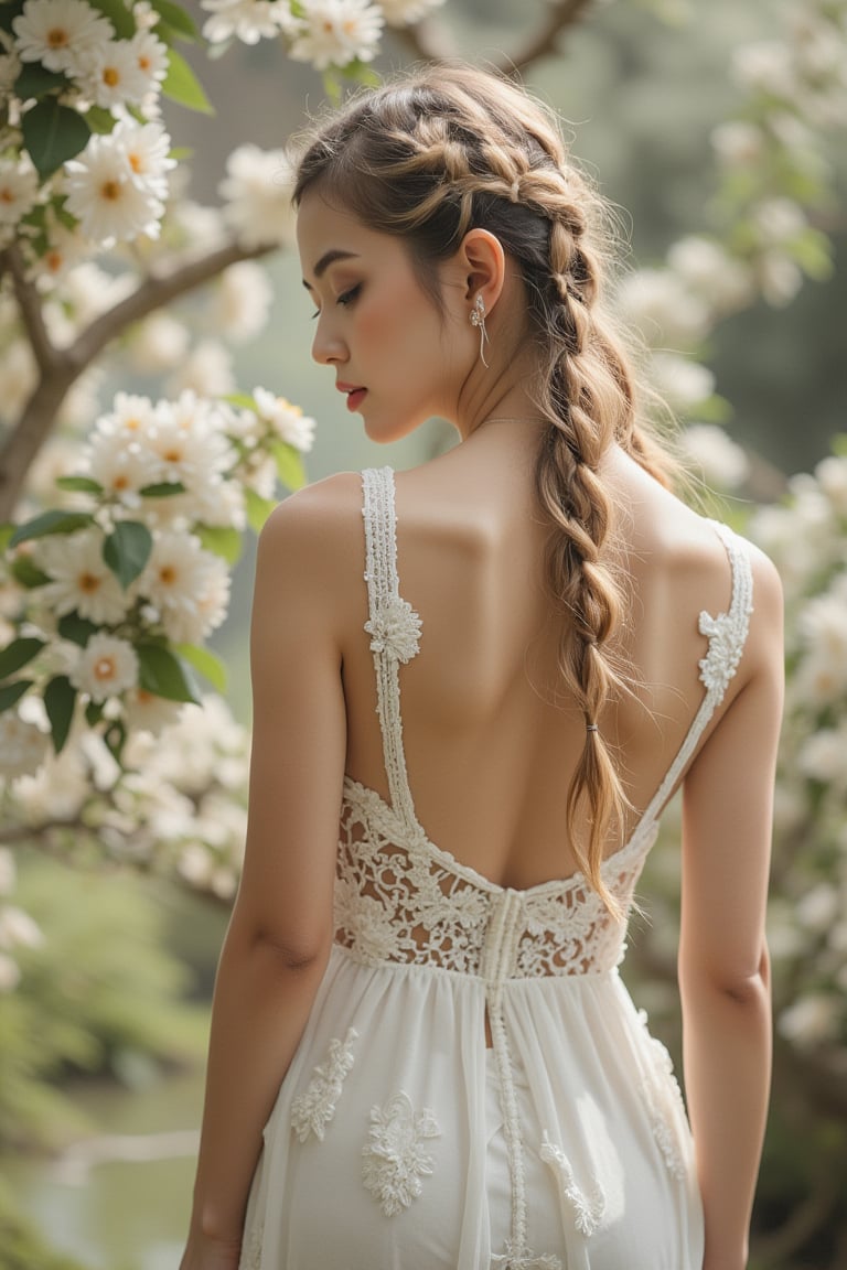 A serene young beauty, her long blonde locks cascading down her back, radiates elegance in a lace gown that hugs her slender frame. Softly lit, her pale skin glows amidst a whimsical backdrop of birds and blooming flowers, their intricate details adding to the visual feast. Delicate lace patterns dance across her dress, as she strikes a gentle pose, exuding innocence and charm.,Enhanced all,luxury style,WeeM