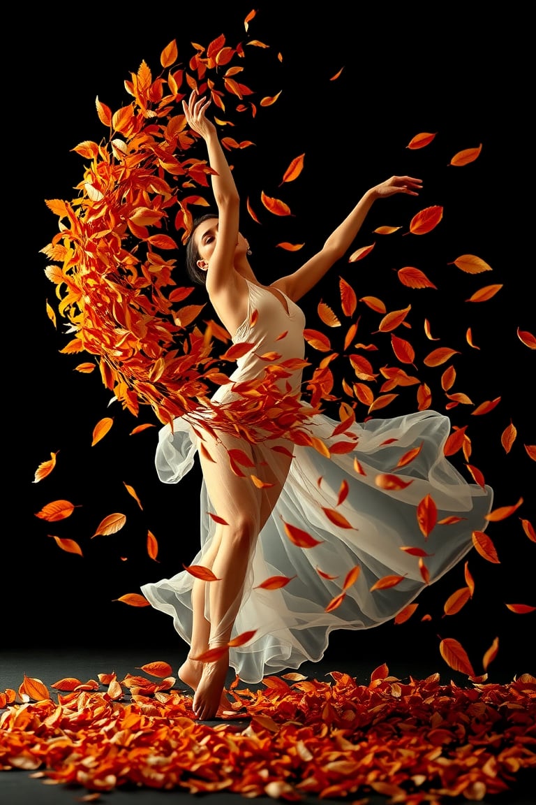 A captivating artistic portrayal of a dancer gracefully transitioning into a whirlwind of autumn leaves colors ,  symboliz...