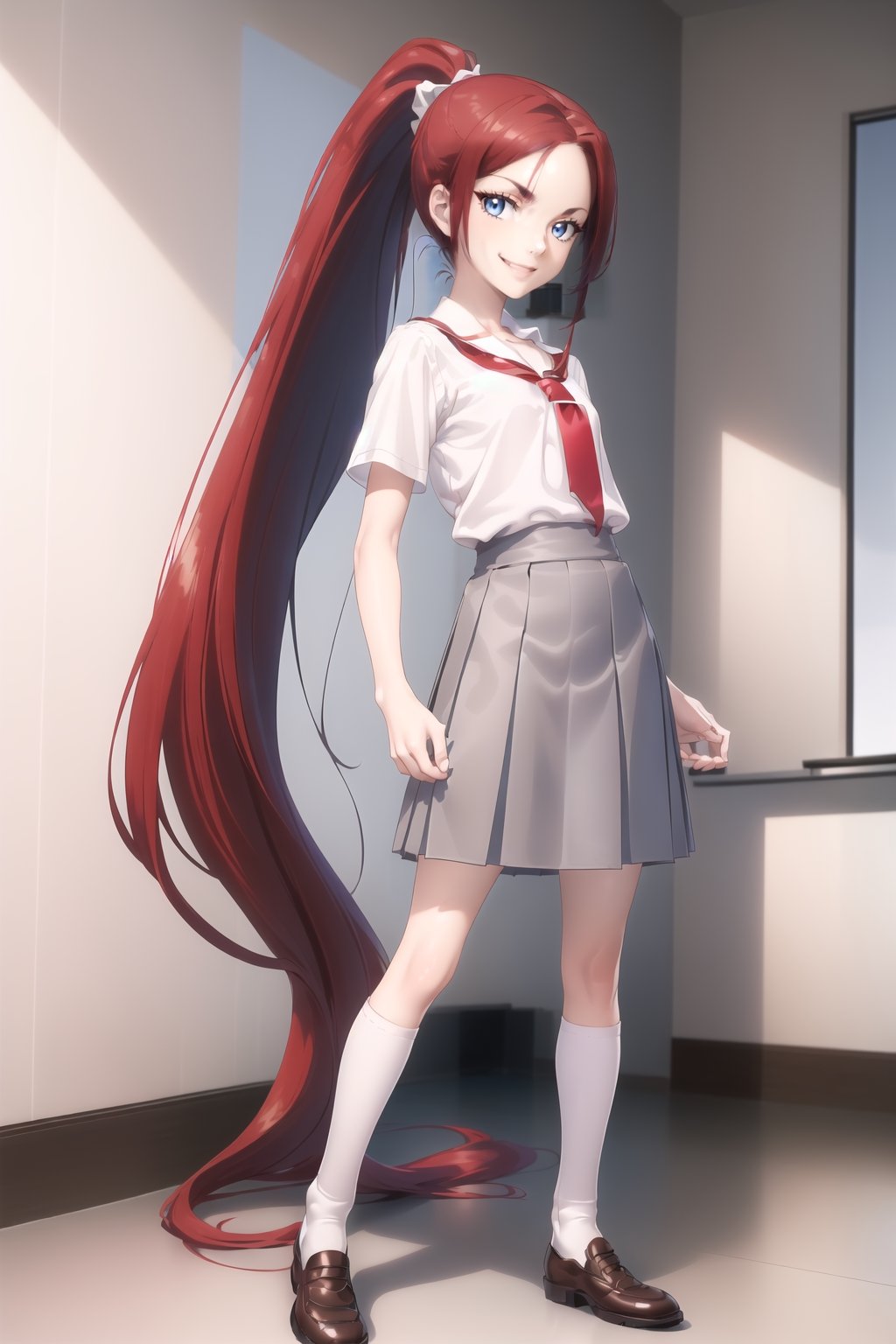 

((masterpiece)), ((high quality)),

((girl1 alice flat chest, blue eyes, long hair,straight hair, ponytail, very long pompadour, (Hands:1.1) ,better_hands,long legs, petite,, sensual, dark red hair  white shirt standing short sleeves  grey skirt white socks brown shoes))



((happy, smile, fun))
((classroom))
