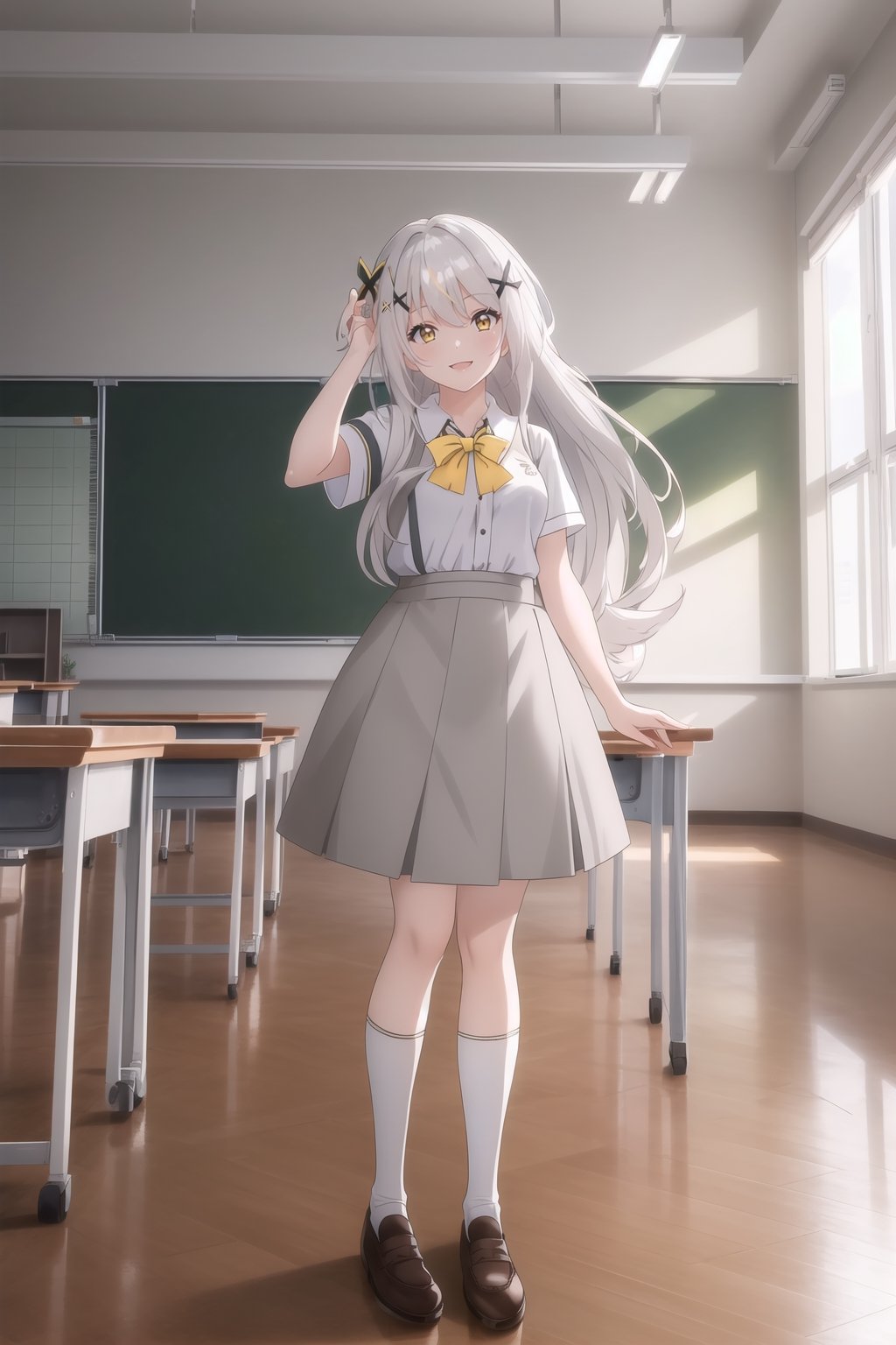 ((masterpiece)), ((high quality)),

((girl1 single ((x10))) white hair highlights in yellow-colored hair long hair standing shirt short sleeves gray skirt gray socks white shoes brown shoes))

((happy, smile,)))
((classroom)))