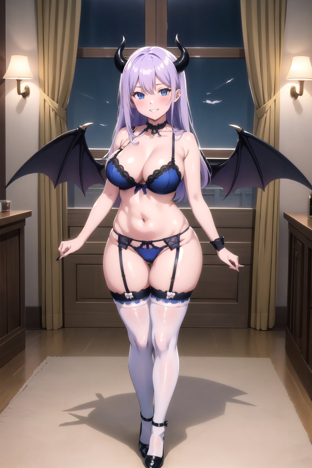 
((masterpiece))  ((high quality)) 
((beautiful details)),(( perfect focus)), (( high resolution)), ((exquisite texture in every detail)),

((1girl)) ,((solo)),((olivia))
((large breasts)),(( large hips)), light purple hair,short torso, long hair,beatiful, blue eyes,((large thighs))
 teen young
,looking at the viewer
blush

smile

bangs

thighhighs

navel

holding


bare shoulders


underwear


standing

panties

full body


sidelocks



wings

horns

black thighhighs

indoors

stomach

black footwear

grin

high heels

cup

black panties

window

garter straps

underwear only

demon girl

lingerie

demon horns

revealing clothes

holding cup

alcohol

drinking glass

garter belt

demon wings

wine glass

babydoll

arm garter

wine

