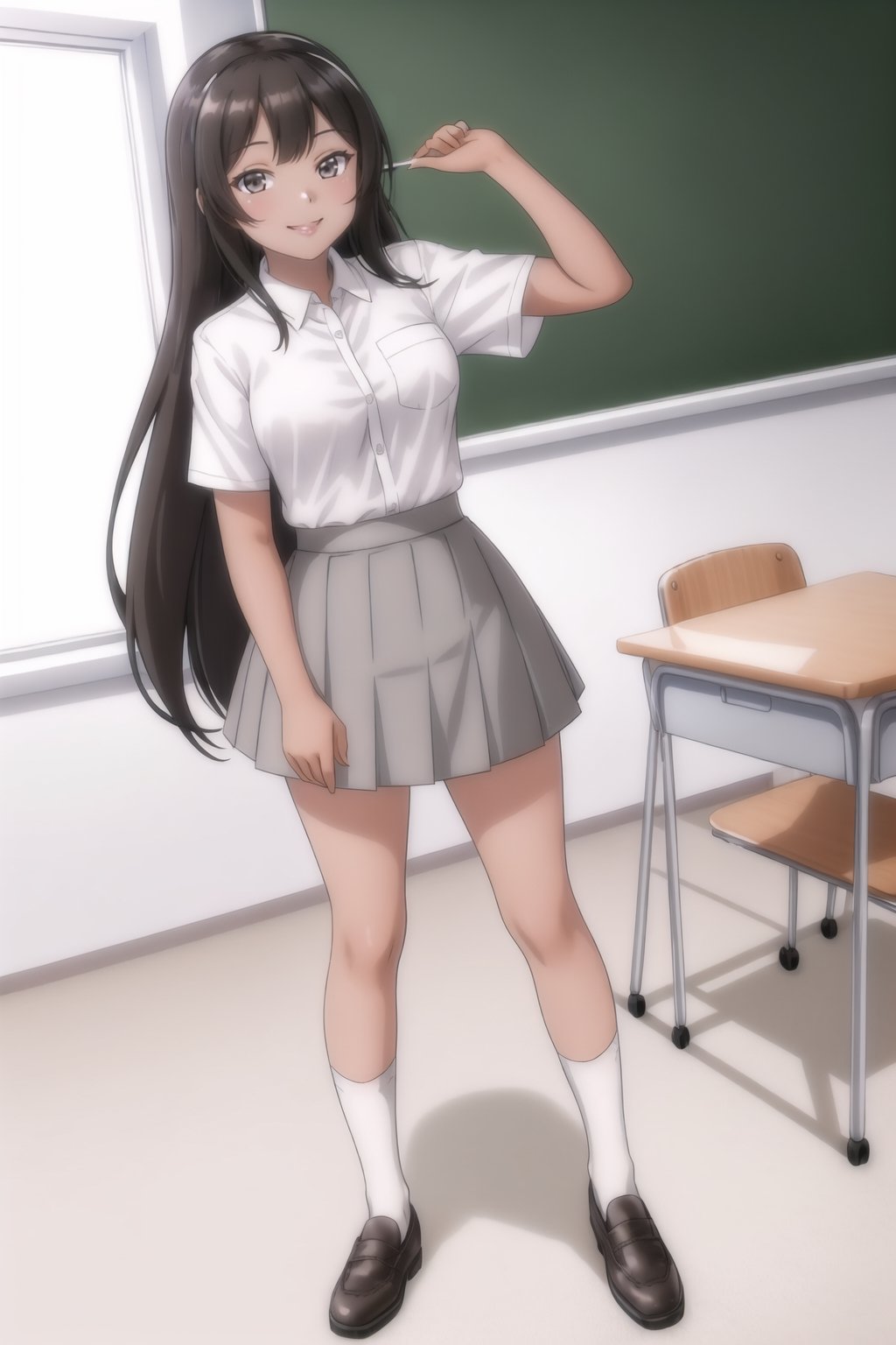 

((masterpiece)), ((high quality)),

((girl1 naya long hair black girl white shirt standing short sleeves  grey skirt white socks brown shoes))



((happy, smile, fun))
((classroom))
