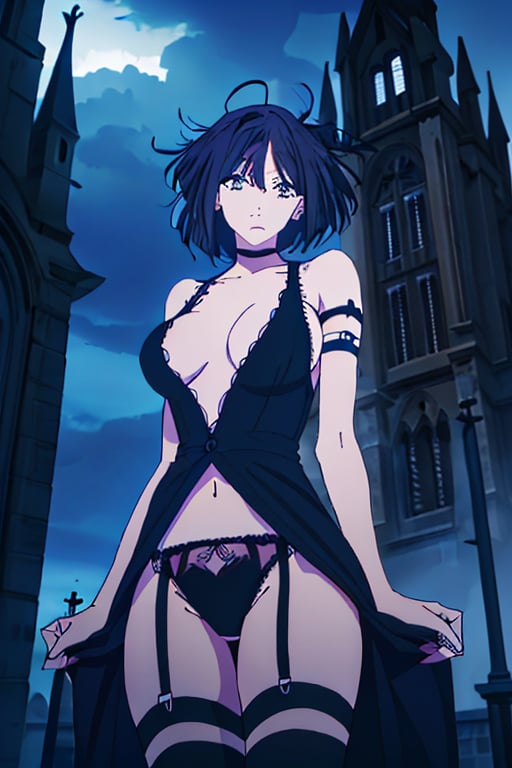 80s horror goth anime style
 
20 year old emo woman in gothic lingerie in a seductive pose 

in front of a gothic church and a stormy sky