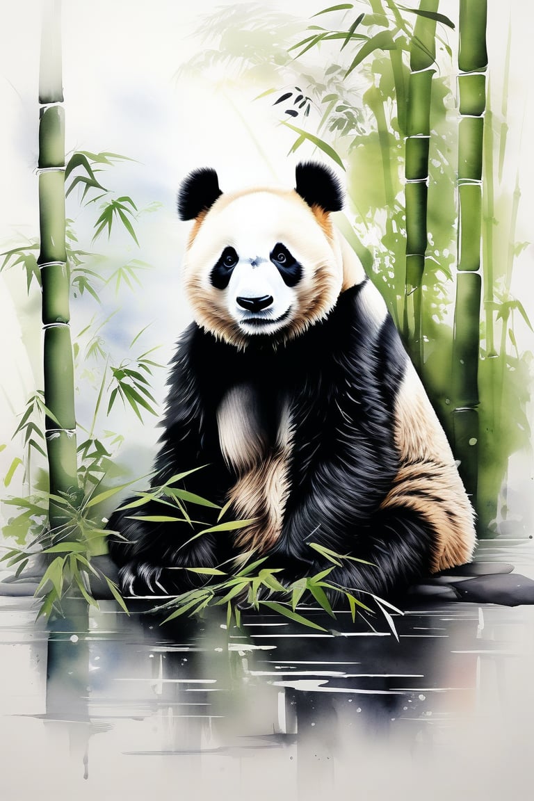 Extremely beautiful image of panda bear, sitting in floor, bamboo forest, majestic appareance, ink brushstrokes, masterpiece quality, Ink art style