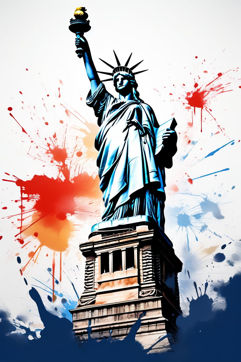 An interesting representation of Liberty, white background, masterpiece quality, stunning image, brushtrokes ink droplets, fine art parody, Ink art style.