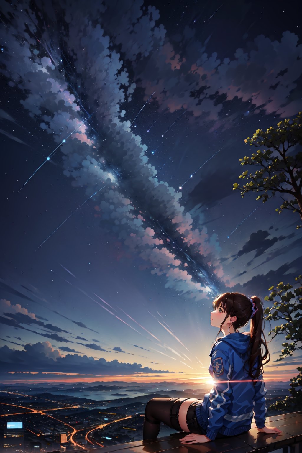 beautiful landscape, night sky, beautiful and starry sky, via lactea in the sky, city, girl watching at sunset, beautiful clouds, beautiful sky, detailed image, beautiful trees, stunning image, perfect use of light, ballad lighting, wind,Beautiful,Detail 