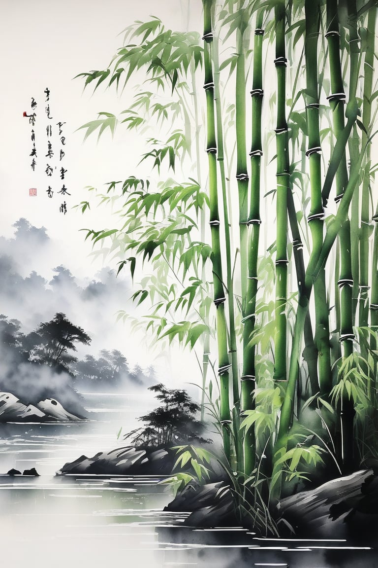 A very beautiful bamboo forest, Chinese ink artwork, masterpiece, 8K, brushstrokes in background, Ink. 