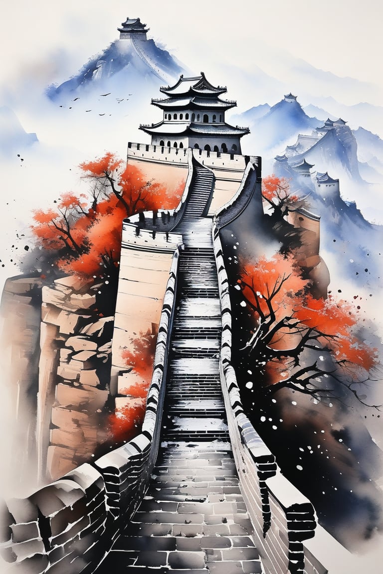 Incredible representation of The Great Wall of China, ink brushstrokes, masterpiece quality, Ink art syle.