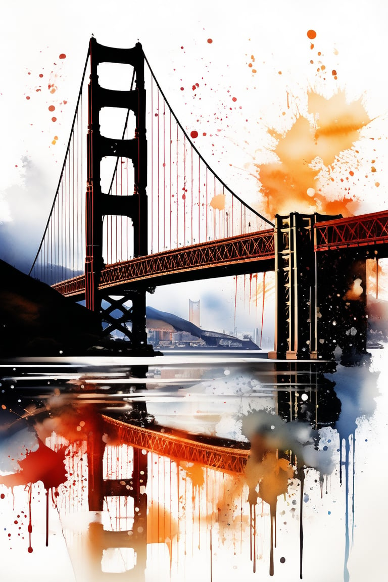 Very dynamic and beautiful image of Golden Gate, ink artwork, stunning image, extremely beautiful pic, fine art parody, ink droplets.