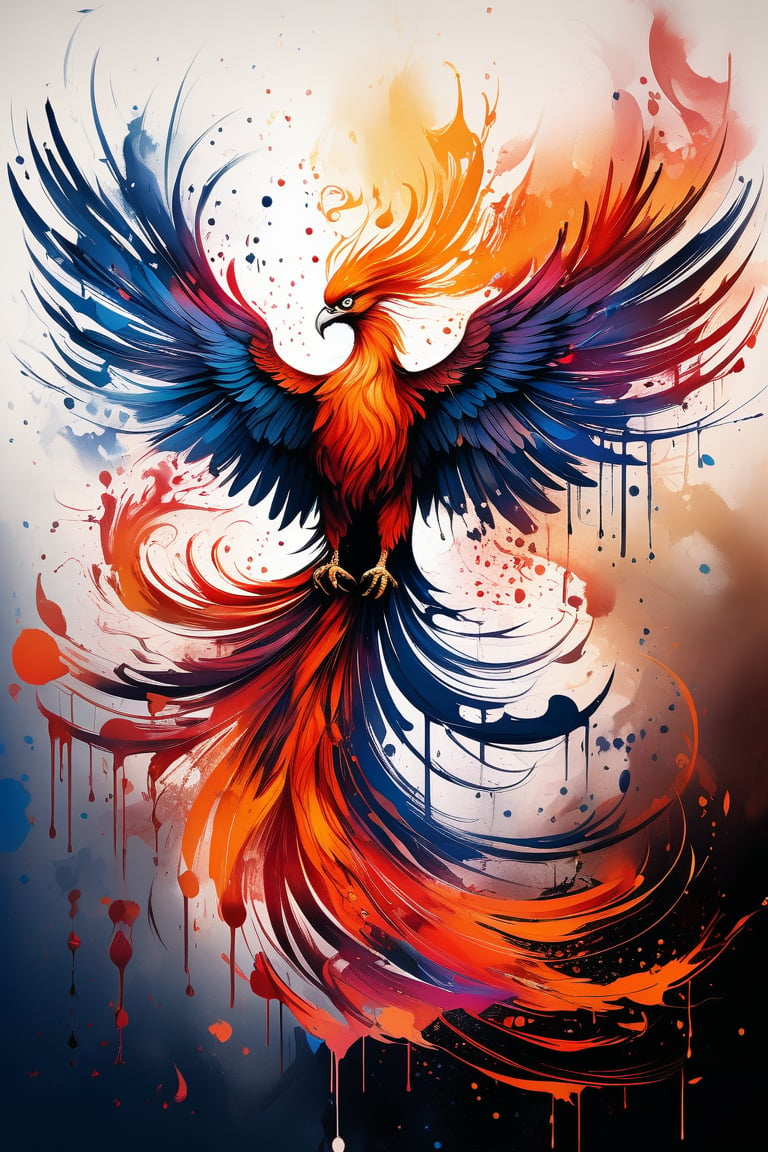 Artwork representing the image of an very beautiful phoenix, very stunning image, masterpiece quality, elegant ink brushtrokes in background, ink droplets, fine art parody, wallpaper quality.