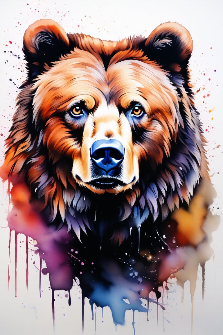 Very beautiful grizzly, elegant pet, ink droplets, ((colorful: 1.2)), white background, ((masterpiece: 2)), only the face, medium shot, looking at viewer, ((stunning image: 1.5)), Ink art style