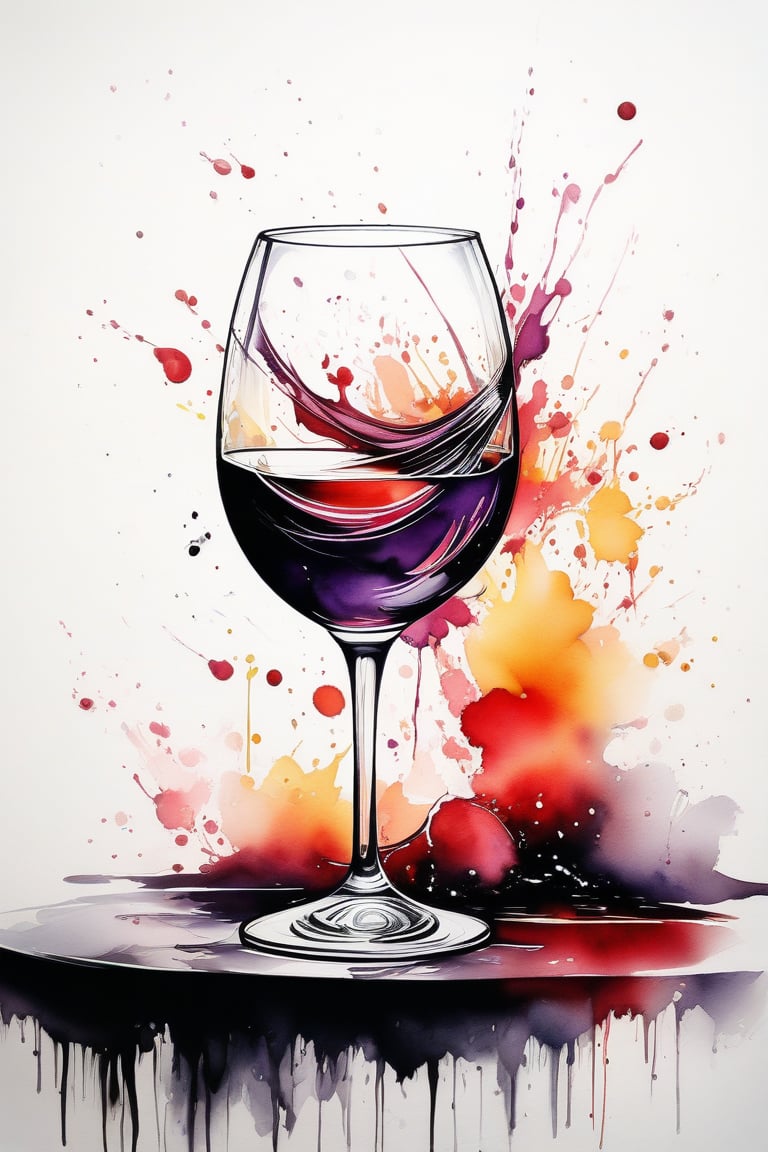 An extremely beautiful image of wine cup in a table, white background, ink brushtrokes, ink droplets, stylish image, dynamic image, masterpiece. 