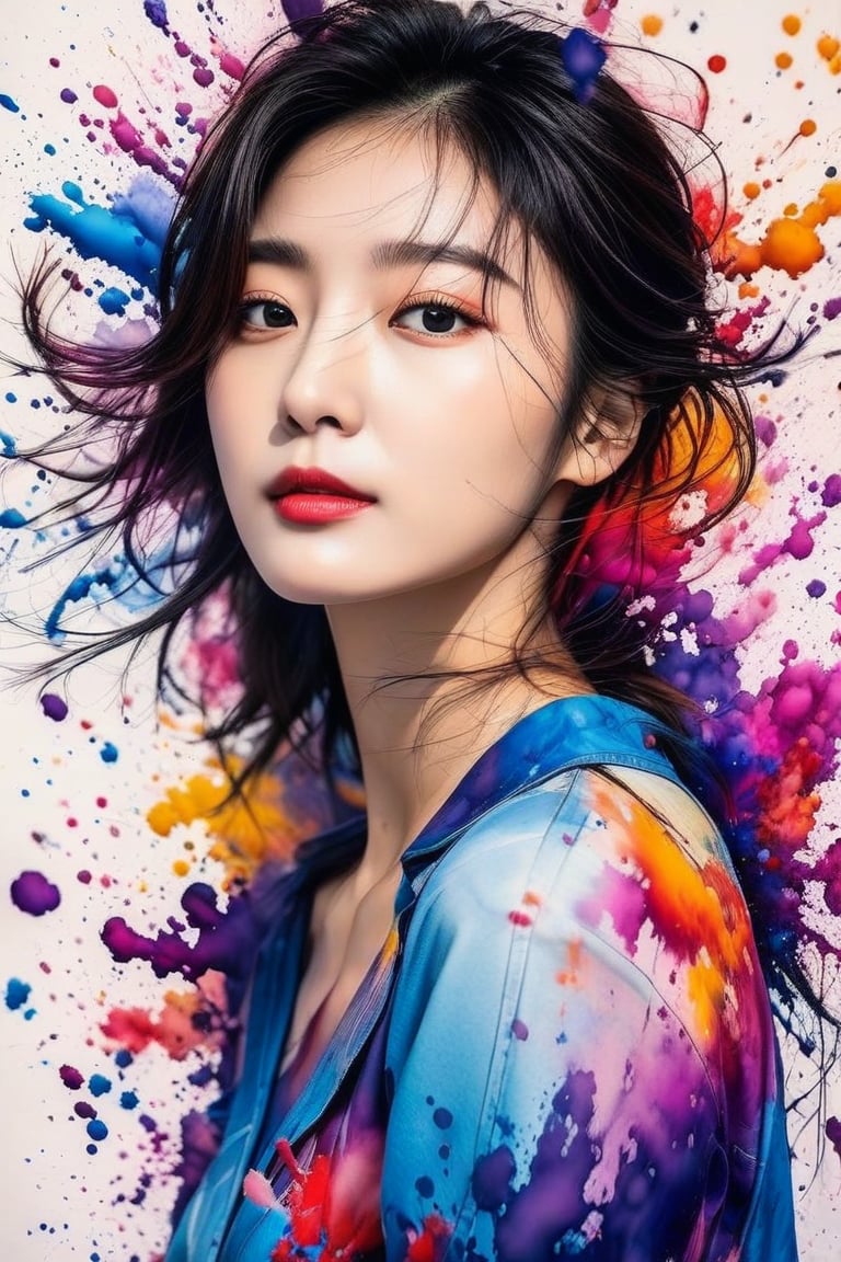 Very beautiful korean model, looking at viewer, explosion of colorful ink in background, masterpiece, high quality, stunning image, fine art parody, Ink art style.