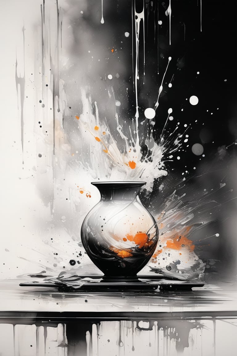 Stunning image of creamic vessel on a tables, ink droplets and burshstrokes in background, ink brushstrokes in background, masterpiece, ((ver beautiful: 2)), fine art parody, Ink art style