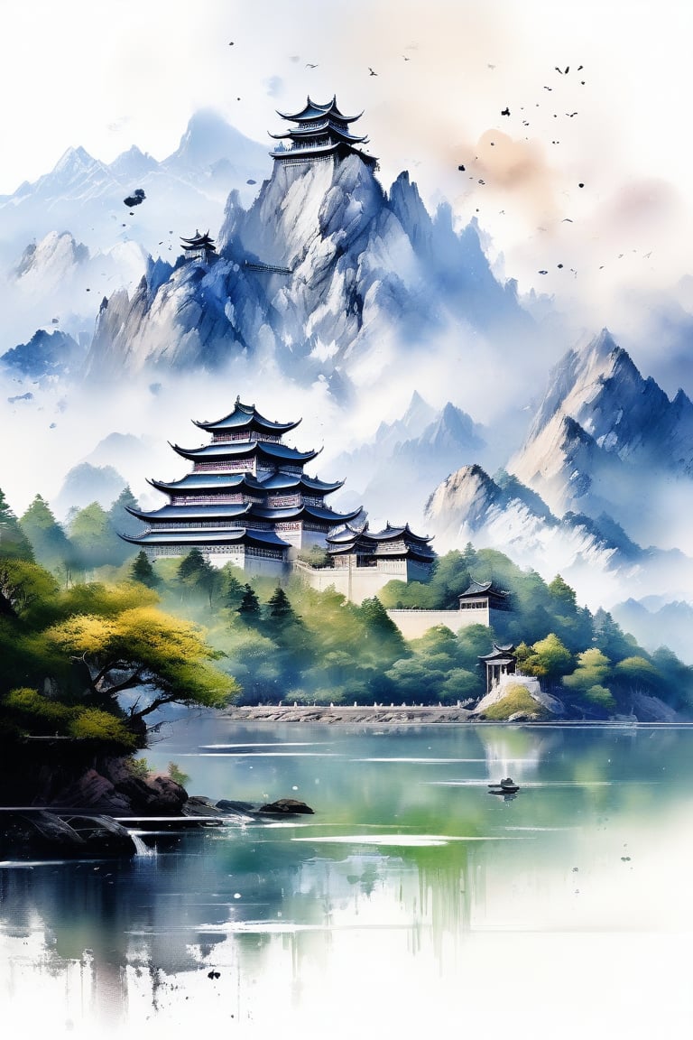 Extremely beautiful landscape of a palace between two mountains, masterpiece quality, 4k, stunning image, ink droplets and brushstrokes. 