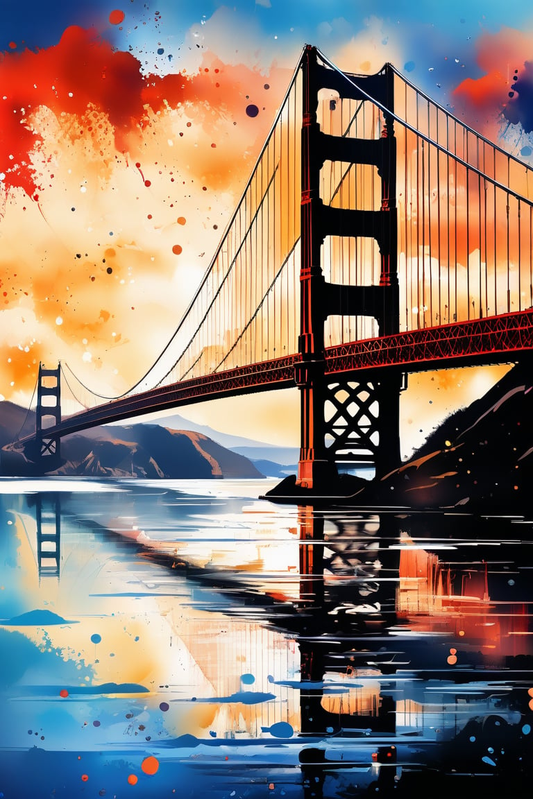 Very dynamic and beautiful image of Golden Gate bridge, ink artwork, stunning image, extremely beautiful pic, fine art parody, ink droplets.