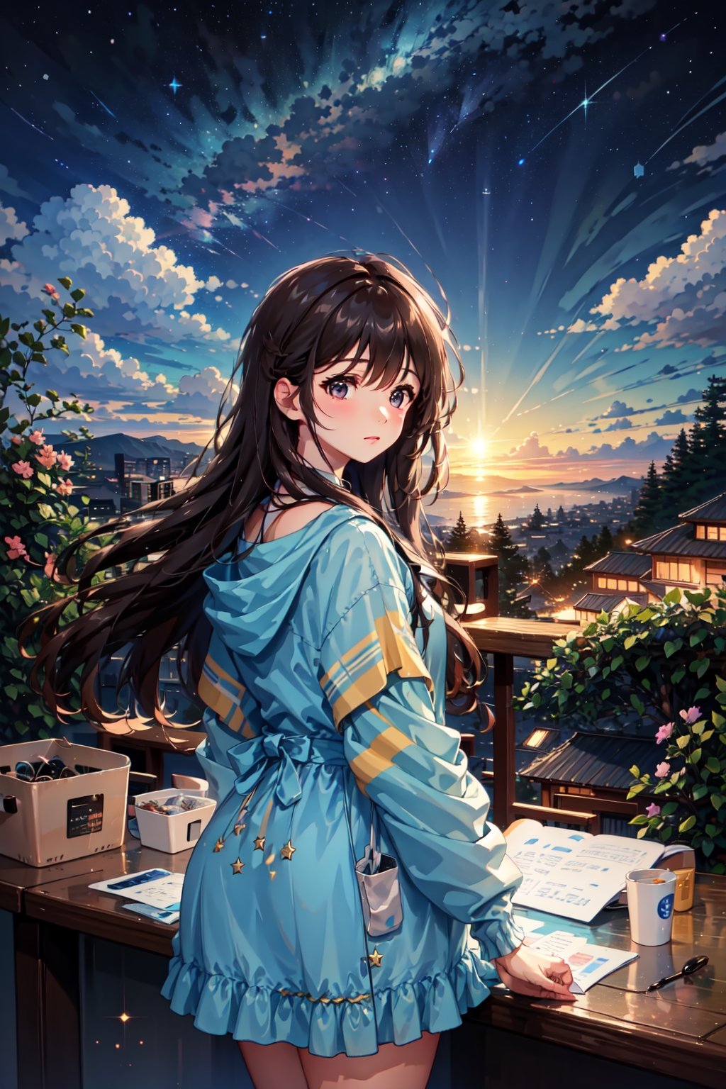 beautiful landscape, night sky, beautiful and starry sky, via lactea in the sky, city, girl watching at sunset, beautiful clouds, beautiful sky, detailed image, beautiful trees, stunning image, perfect use of light, ballad lighting, wind,Beautiful,Detail 