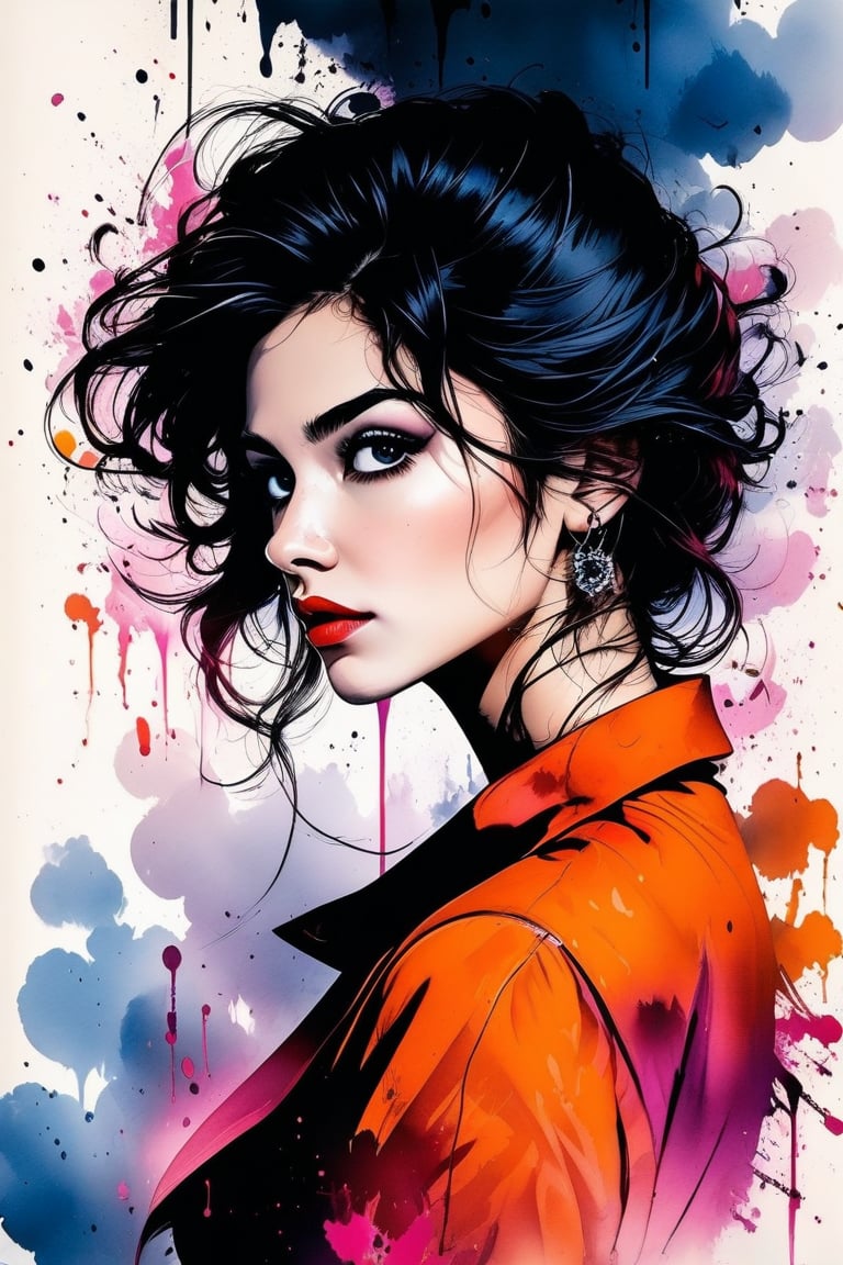 Very very beautiful lady, 80's decade fashion, looking away, badass girl, ink smoke, ink burshstrokes in background, wallpaper quality, stunning image, Ink art style.