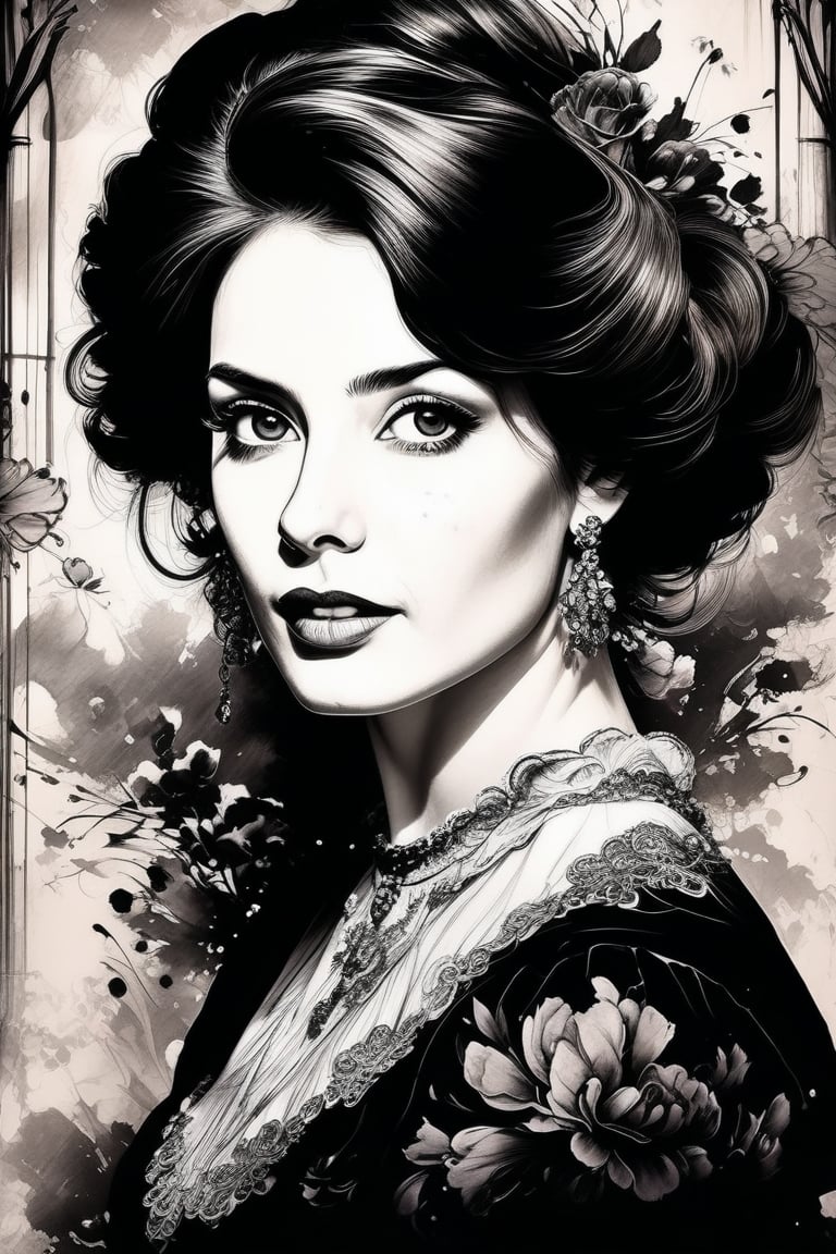 Great image of an extremely beautiful lady, victorian fashion, looking at viewer, makeup, ink dorplets, ink burshstrokes in background, fine art parody, stunning image, Ink art style.