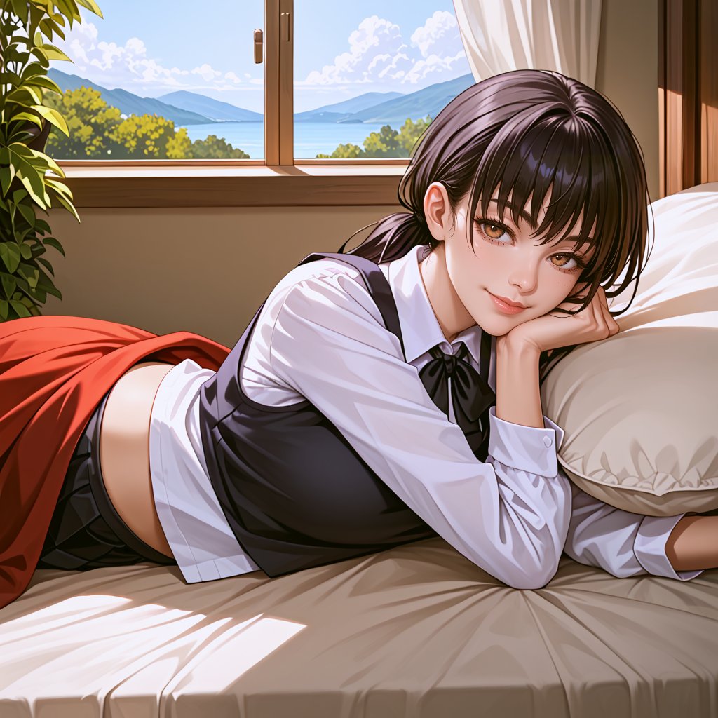 (extremely detailed CG unity 8k wallpaper),(masterpiece),(best quality),(ultra-detailed),(best illustration),(best shadow),(absurdres), ,score_9, score_7_up, score_8_up, source_anime, solo, 1girl, mitaka asa, expressionless, looking at viewer, arms behind back, long hair, low twintails, school uniform, black dress, pinafore dress, sleeveless dress, white shirt, black ribbon, neck ribbon, long sleeves, realistic, photorealism, photorealistic, source_photo, photography, realistic, rating_explicit, professional photo, masterpiece, hyper-detailed, realistic, correct anatomy, highest quality, perfect anatomy, (ultra detailed), (best quality), intricate, comprehensive cinematic, photography, (gradients), colorful, detailed landscape, visual key, shiny skin, ((bed)), face closeup, looking at viewer, (half-closed eye),indoors, closed mouth, smile, mature female, camisole, bed invitation, elbow rest, head rest, lifting covers, lying, midriff, on bed, on side