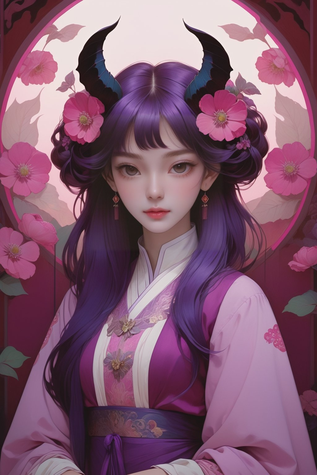 full body photo, (masterpiece, best quality, detailed, ultra-detailed, intricate), illustration, pastel colors, high chroma, high color contrast, bright and shadows background, 1 girl, solo, dark skin, purple eyes, mangenta hair with purple color, longhair , wear magenta Korean clothing, holding jade in mouth , rose, (poppy flower 1.2) , purple butterfly flying , black bats , (arrogant 1.0) face, ++complex backgrounds , main color purple and magenta , staring at the viewer, head up, frontal portrait  , perfect light,art nouveau by Alphonse Mucha, tarot cards, (beautiful and detailed eyes),
, flat breasts, anime style, watercolo, natural boobs,
