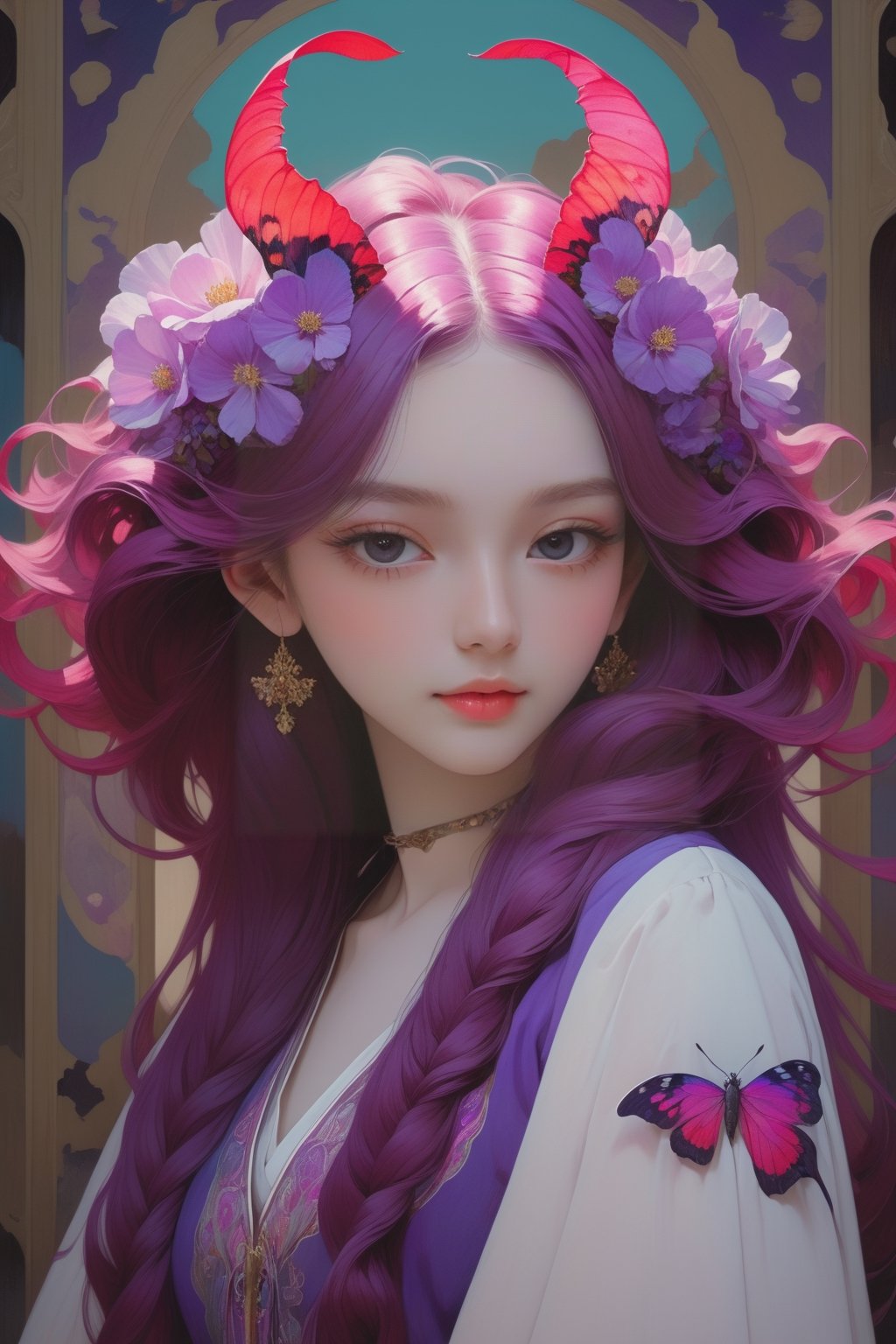 full body photo, (masterpiece, best quality, detailed, ultra-detailed, intricate), illustration, pastel colors, high chroma, high color contrast, bright and shadows background, 1 girl, solo, purple eyes, mangenta hair with purple color, longhair , wear magenta Korean clothing , rose, poppy flower , purple butterfly flying , black bats , (arrogant 1.0) face, ++complex backgrounds , main color purple and magenta , staring at the viewer, head up, frontal portrait  , perfect light,art nouveau by Alphonse Mucha, tarot cards, (beautiful and detailed eyes),
, flat breasts, anime style, watercolo, natural boobs,
