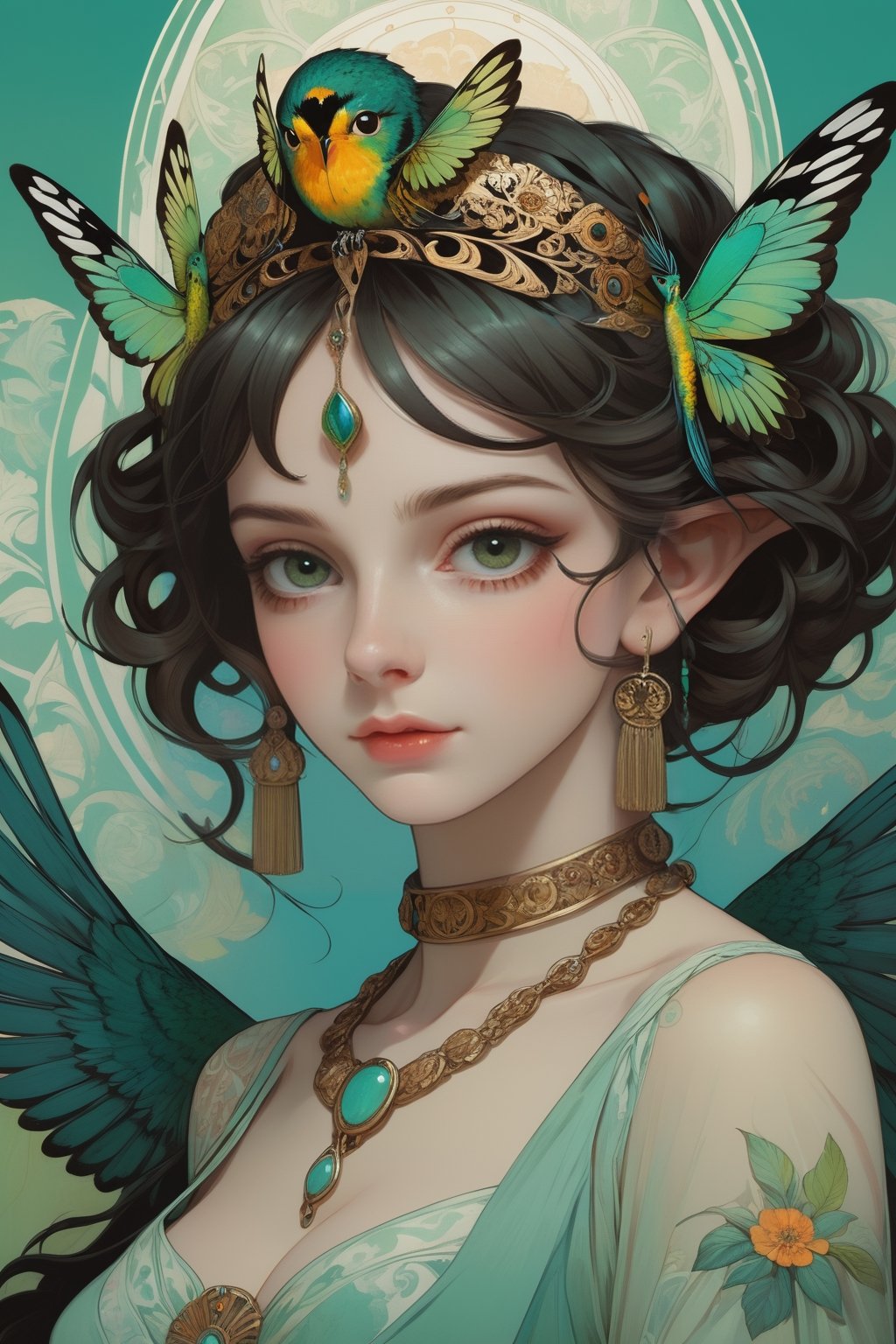 full body photo, (masterpiece, best quality, detailed, ultra-detailed, intricate), illustration, pastel colors, high chroma, high color contrast, bright and shadows background, 1 girl, solo, （dark:1.5) skin, amber eyes, black hair, short hair, curls , wear clothes Made of feathers, Jaguar , hummingbird , Mayan writing , (arrogant:1.2) face, complex backgrounds , main color green and turquoise , staring at the viewer, head up, sideways portrait , perfect light , art nouveau by Alphonse Mucha, tarot cards, (beautiful and detailed eyes),
, medium breasts, anime style, watercolor,  natural boobs,
