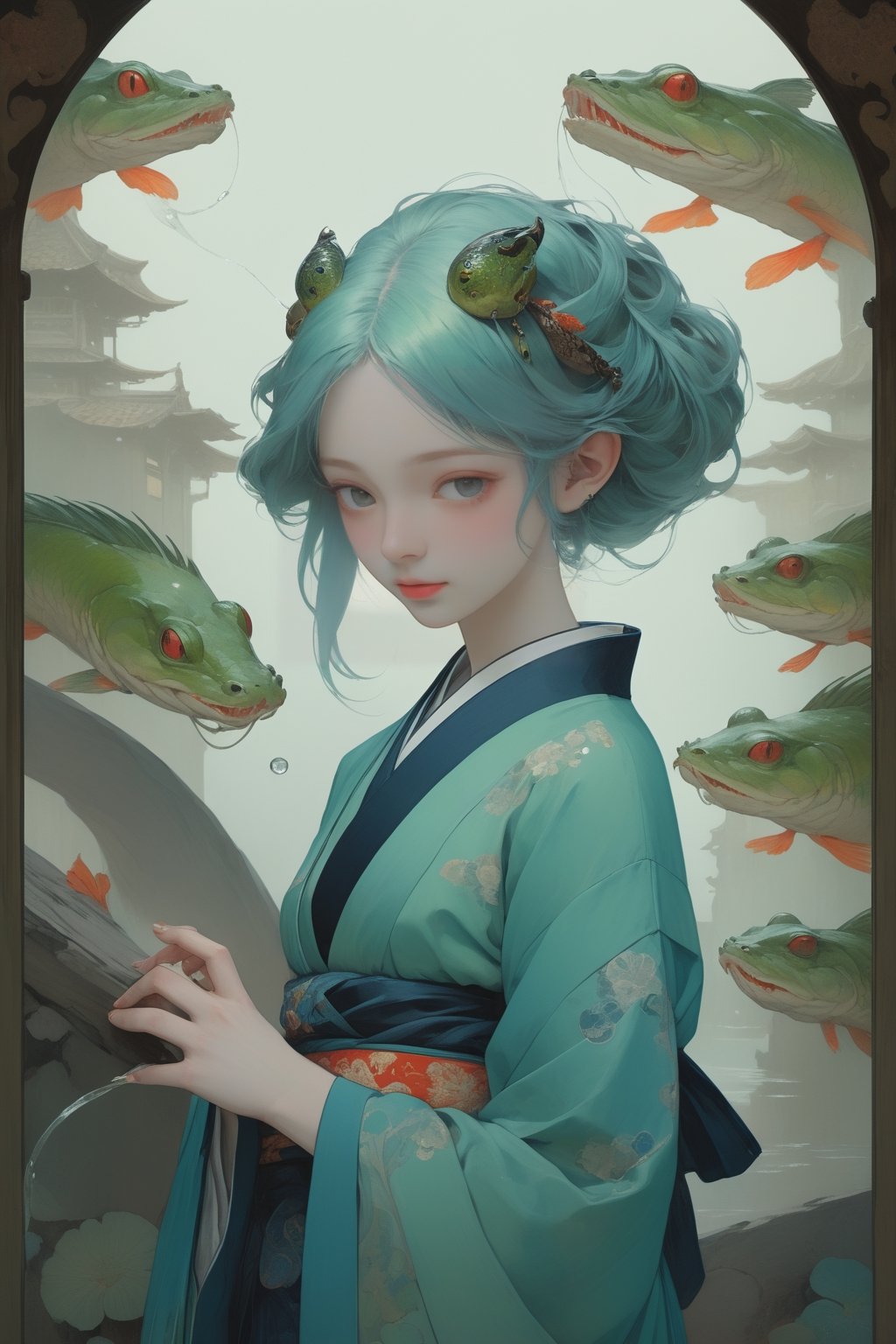 full body photo, (masterpiece, best quality, detailed, ultra-detailed, intricate), illustration, pastel colors, high chroma, high color contrast, bright and shadows background, 1 girl, solo, green eyes, blue hair with green color, longhair , wear blue kimono, Ukiyoe waves , water droplets , green snakes , black goldfish, frogs, arrogant face, ++complex backgrounds , main color green and blue, Gaze at the viewer, head up, frontal portrait  , perfect light,art nouveau by Alphonse Mucha, tarot cards, (beautiful and detailed eyes),
, flat breasts, anime style, watercolo, natural boobs,
