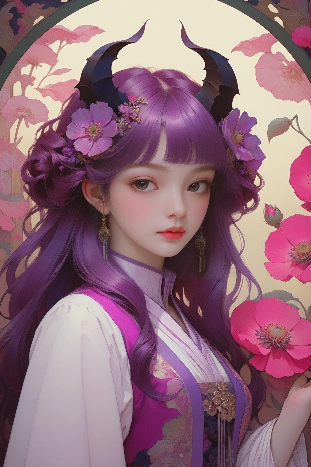 full body photo, (masterpiece, best quality, detailed, ultra-detailed, intricate), illustration, pastel colors, high chroma, high color contrast, bright and shadows background, 1 girl, solo, purple eyes, mangenta hair with purple color, longhair , wear magenta Korean clothing, holding jade in mouth , rose, (poppy flower 1.2) , purple butterfly flying , black bats , (arrogant 1.0) face, ++complex backgrounds , main color purple and magenta , staring at the viewer, head up, frontal portrait  , perfect light,art nouveau by Alphonse Mucha, tarot cards, (beautiful and detailed eyes),
, flat breasts, anime style, watercolo, natural boobs,
