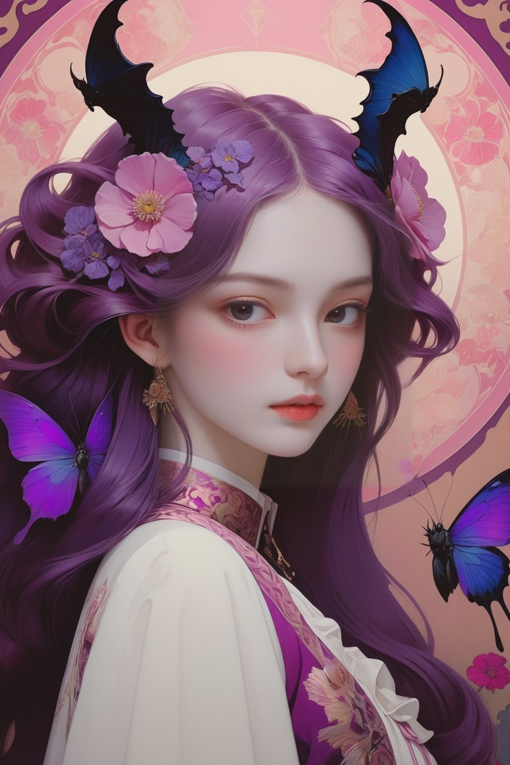 full body photo, (masterpiece, best quality, detailed, ultra-detailed, intricate), illustration, pastel colors, high chroma, high color contrast, bright and shadows background, 1 girl, solo, purple eyes, mangenta hair with purple color, longhair , wear magenta Korean clothing , rose, poppy flower , purple butterfly flying , black bats , (arrogant 1.0) face, ++complex backgrounds , main color purple and magenta , staring at the viewer, head up, frontal portrait  , perfect light,art nouveau by Alphonse Mucha, tarot cards, (beautiful and detailed eyes),
, flat breasts, anime style, watercolo, natural boobs,
