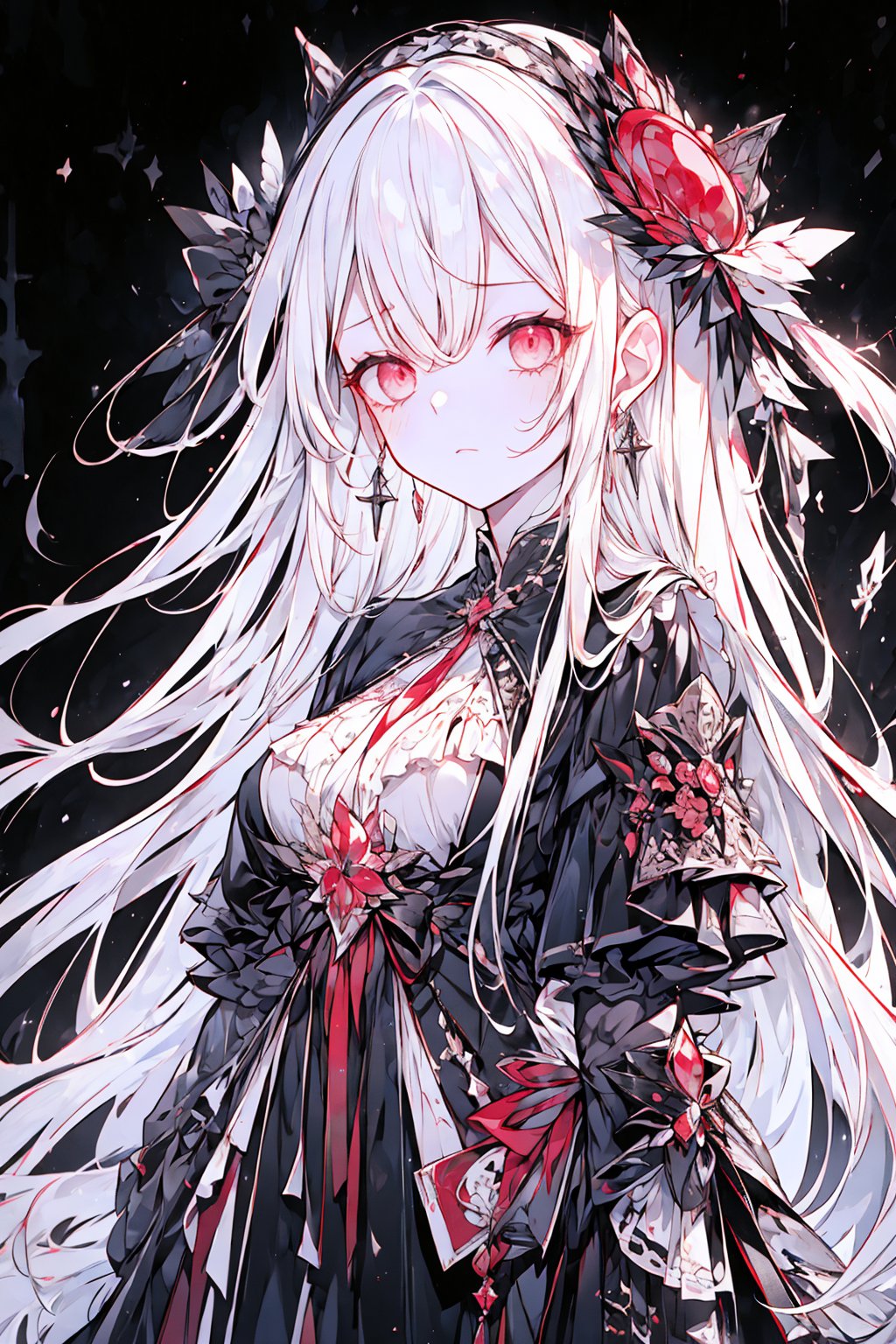 (1girl, long hair, white hair, straight hair, red eyes, detailed eyes, cross earrings, earrings, ruby earrings, 4k, cold expression, contemptuous, standing ), princess, empress, powerful, warrior, fullbody, masterpiece, best quality, Beautifully Aesthetic, black and white themed dress, long dress, black and white and red theme, sandless dress, dark lighting,1 girl, 