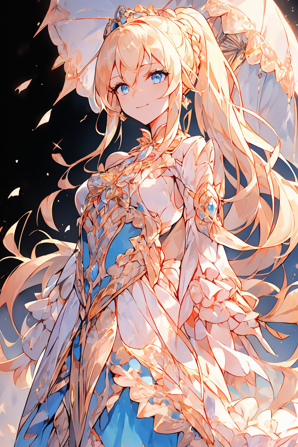 (1girl, blonde hair, ponytail, long hair, straight hair, small breasts, crystal blue eyes), (masterpiece, best quality:1.4), (Beautifully Aesthetic:1.2), smiling, happy, fullbody, pink gown, gown, umbrella, crown, princess, pearl earrings, victorian era dress, intricate background, glamorous lighting, ,1 girl