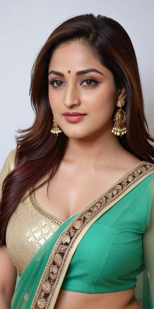 yami Gautam 25 year old ,  women,  Generate hyper realistic image of a beautiful (wearing golden salwar suit) by Rising Su...