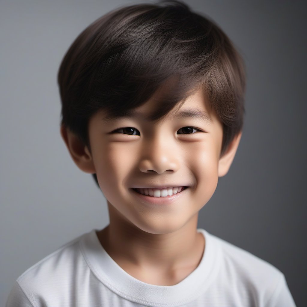 A charming 8-year-old Japanese boy with an innocent, adorable smile, wearing a white short-sleeve shirt. Framed in a close-up, half-body portrait against a soft gray background. The image captures realistic lighting and shadows, emphasizing a lifelike, natural style.