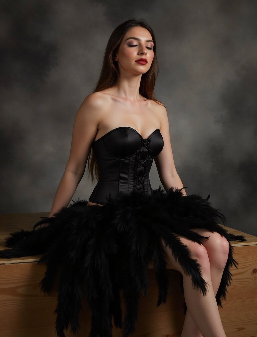 a woman is seated on a wooden platform,  her body is adorned with a black corset and a black skirt adorned with black feat...