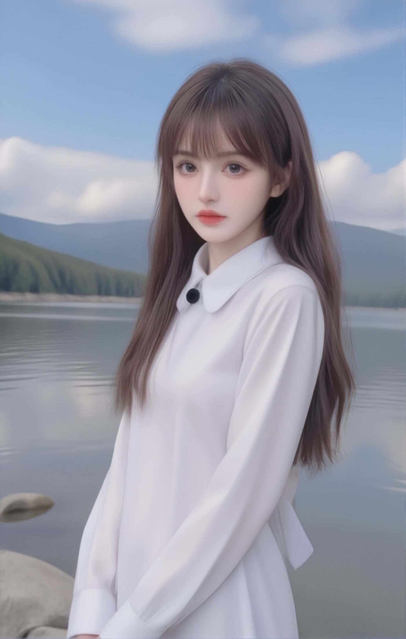 A woman is standing on the riverbank. She is wearing a white long sleeved dress and a white bow. Her hair draped over her shoulders, adding a touch of dynamism to her face. The sky is a soft blue with a few thin clouds that add depth to the scene. The woman's gaze turned towards the audience. The background is a peaceful lake, with rocks and mountains in the distance.long brown,Double upper eyelids,eye bag,