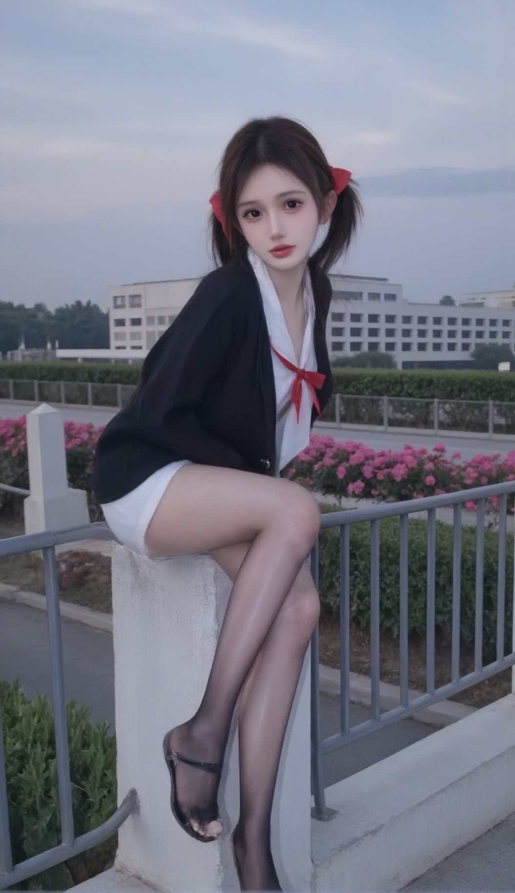 hd,A girl dressed in a black and white school uniform, adorned with a red bow in her hair. She is perched on a concrete railing, her left hand resting on the railing. The woman's right leg is crossed, her right leg resting on a white platform. shiny pantyhose,The backdrop, a row of pink flowers can be seen, adding a touch of color to the scene. The sky is a muted blue, with a few wispy clouds in the sky.big eyes,close up,
