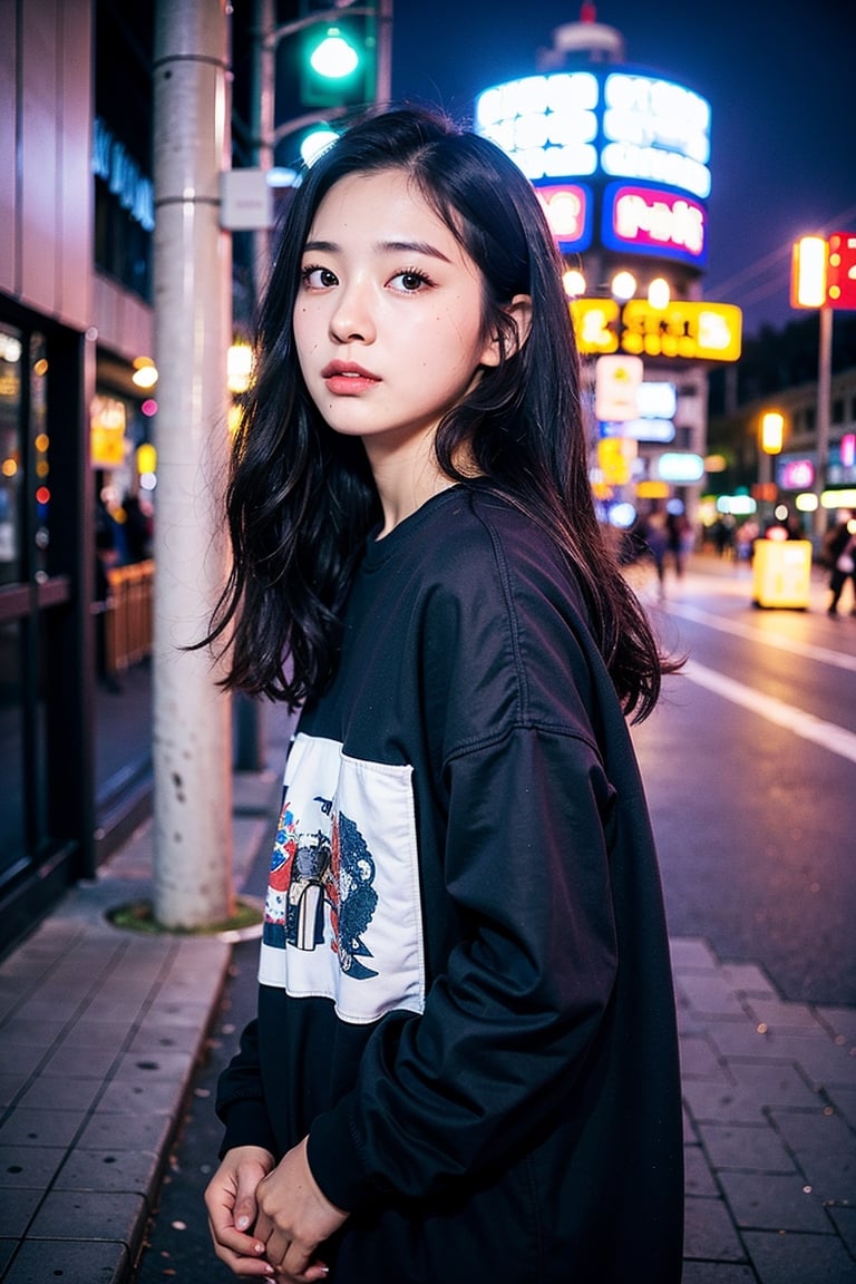 Best quality, masterpiece, photo by fuji-proplus-ii film, full-length portrait,  raw photo of 28 years old taiwan woman,  black hair, middle-parted shaggy lob hair, without makeup on her face, looking at viewer, outdoor,night in street of taipei 101 ,Extremely Realistic