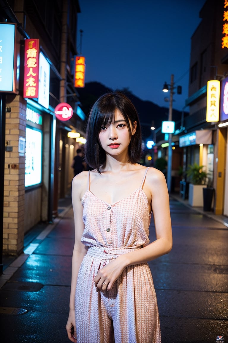 Best quality, masterpiece, photo by fuji-proplus-ii film, full-length portrait,  raw photo of 28 years old taiwan woman,  short black hair, 沒有化妝, looking at viewer, outdoor,night in street of taipei ,Extremely Realistic