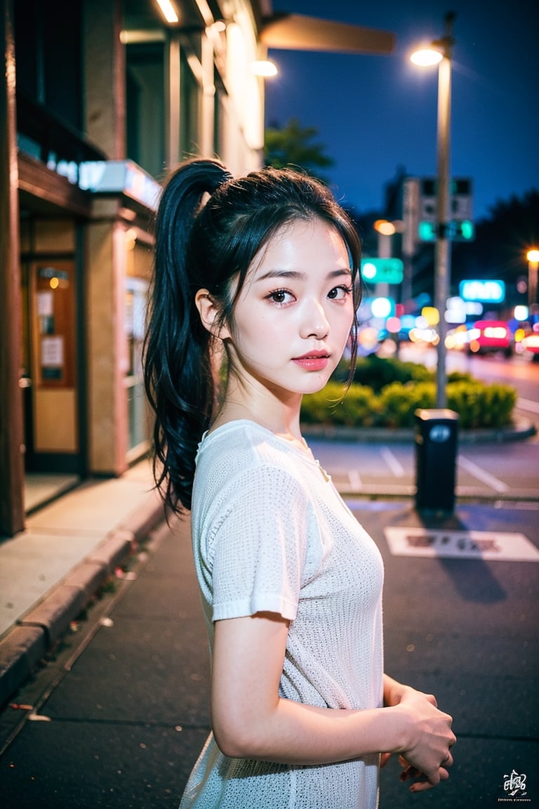 Best quality, masterpiece, photo by fuji-proplus-ii film, full-length portrait,  raw photo of 28 years old taiwan woman,  black hair, ponytail hair, 沒有化妝, looking at viewer, outdoor,night in street of taipei ,Extremely Realistic