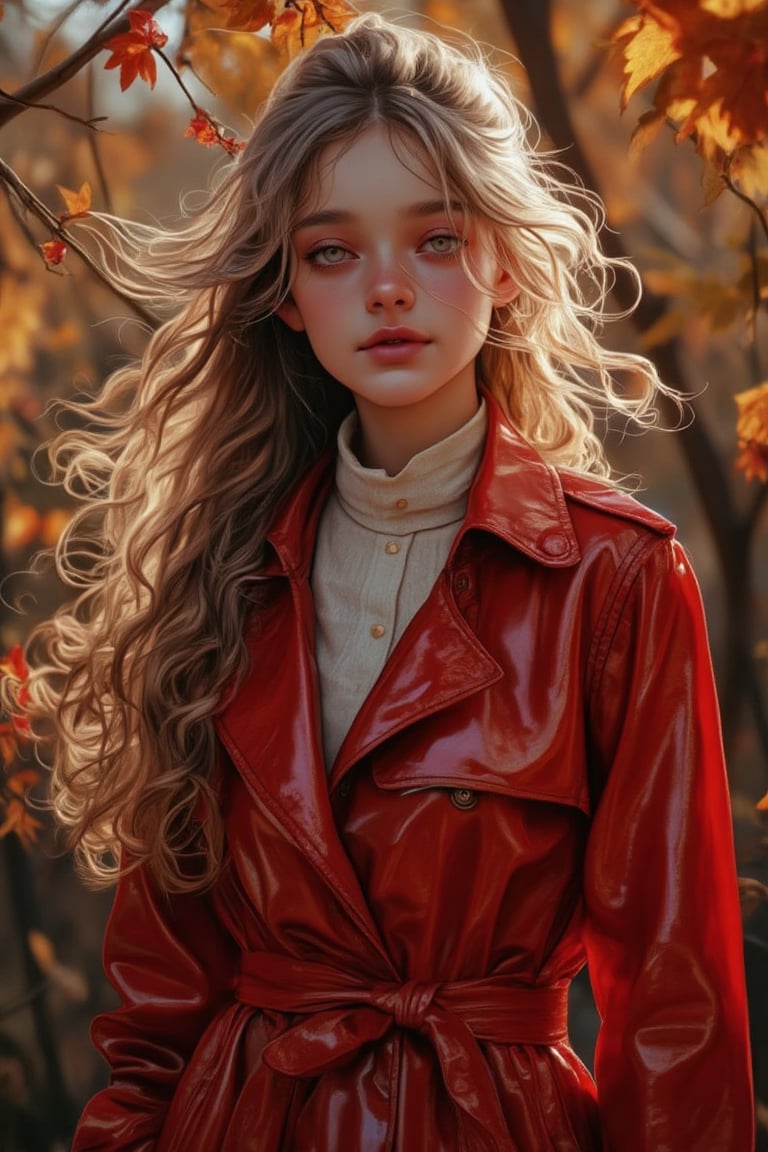 a fully visible beautiful scandinavian model, she is wearing a short glossy metallic red pvc trench coat, very long straight blonde hair, with luscious curly blonde hair stands in a sun-dappled clearing. With an inviting smile, she gazes directly at you, her lips slightly parted in anticipation. As a gentle breeze tousles her ponytail, she exudes an effortless allure, the vibrant colors of nature serving as the perfect backdrop to her radiance.ty. 
