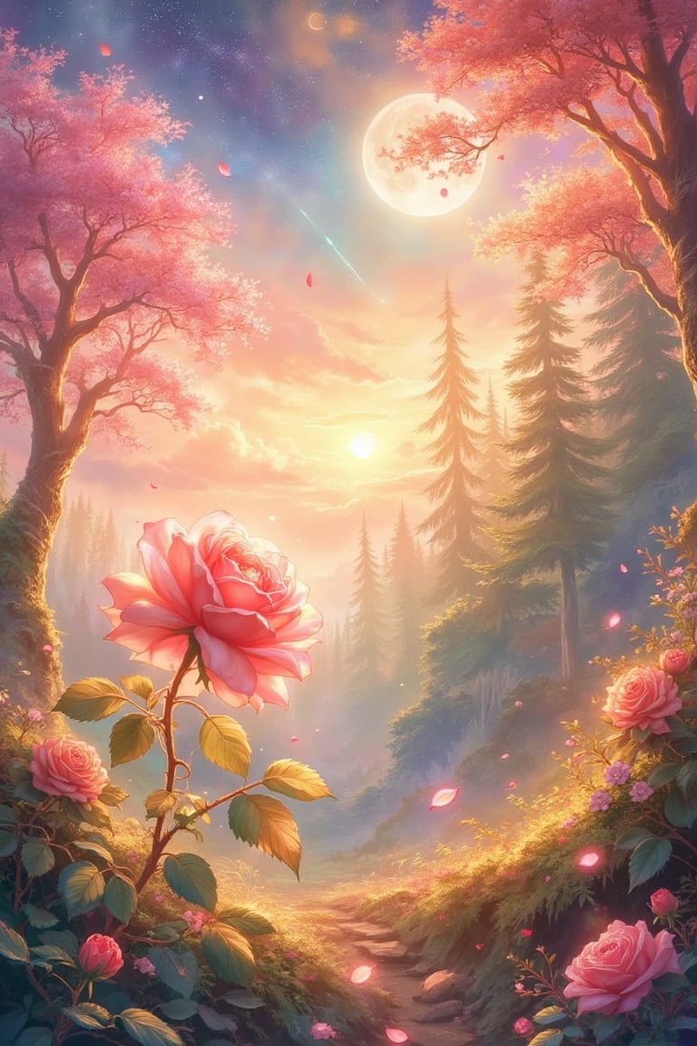 magine a vibrant anime-style HD scene set in a magical landscape that bursts with color and life. In the foreground stands a beautiful, blooming rose, its delicate petals shining with soft pink and red hues. The rose is surrounded by intricate thorny vines, symbolizing the challenges and pain that lead to growth. These thorns are glowing faintly, as if they too hold a transformative power within them.

Behind the rose, the scene opens up to a vast, ethereal sky filled with glowing, soft pink and gold hues, radiating peace and warmth. The light from the sky bathes everything in a heavenly glow, casting a feeling of transformation. Small petals float gently through the air, carried by a mystical breeze, adding a sense of fluidity and movement to the scenery.

In the background, a serene forest filled with tall, ancient trees stands bathed in the same magical light, hinting at the depth of personal growth that comes through the journey of emotions. The trees are covered with soft, luminous moss and delicate blossoms, symbolizing continuous growth despite hardships.

The sky above is alive with a mix of golden sunlight, shimmering stars, and a radiant moon, highlighting the cycle of life and emotions—joy, sadness, and pain—as teachers on the path to inner strength. The entire scene exudes a sense of peace, transformation, and spiritual awakening, drawing the viewer into its magical, calming beauty.

This scene is a visual metaphor for the idea that every emotion is a teacher, re
